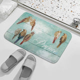 Coral velvet bathroom rug with watercolor bird art and 'Prince' text, non-slip bath rug