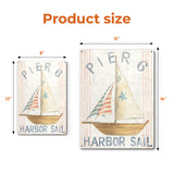 Nautical Pier 6 Harbor Sail metal sign product size comparison, sailboat beach decor, 8x12 & 12x16 inch sizes