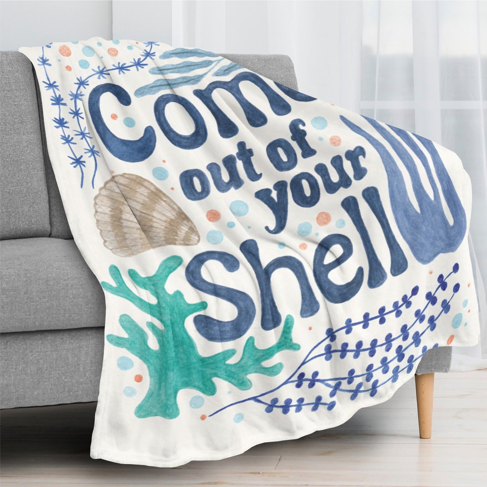Coastal blue seashell flannel blanket with 'Come out of your Shell' quote, soft blanket.