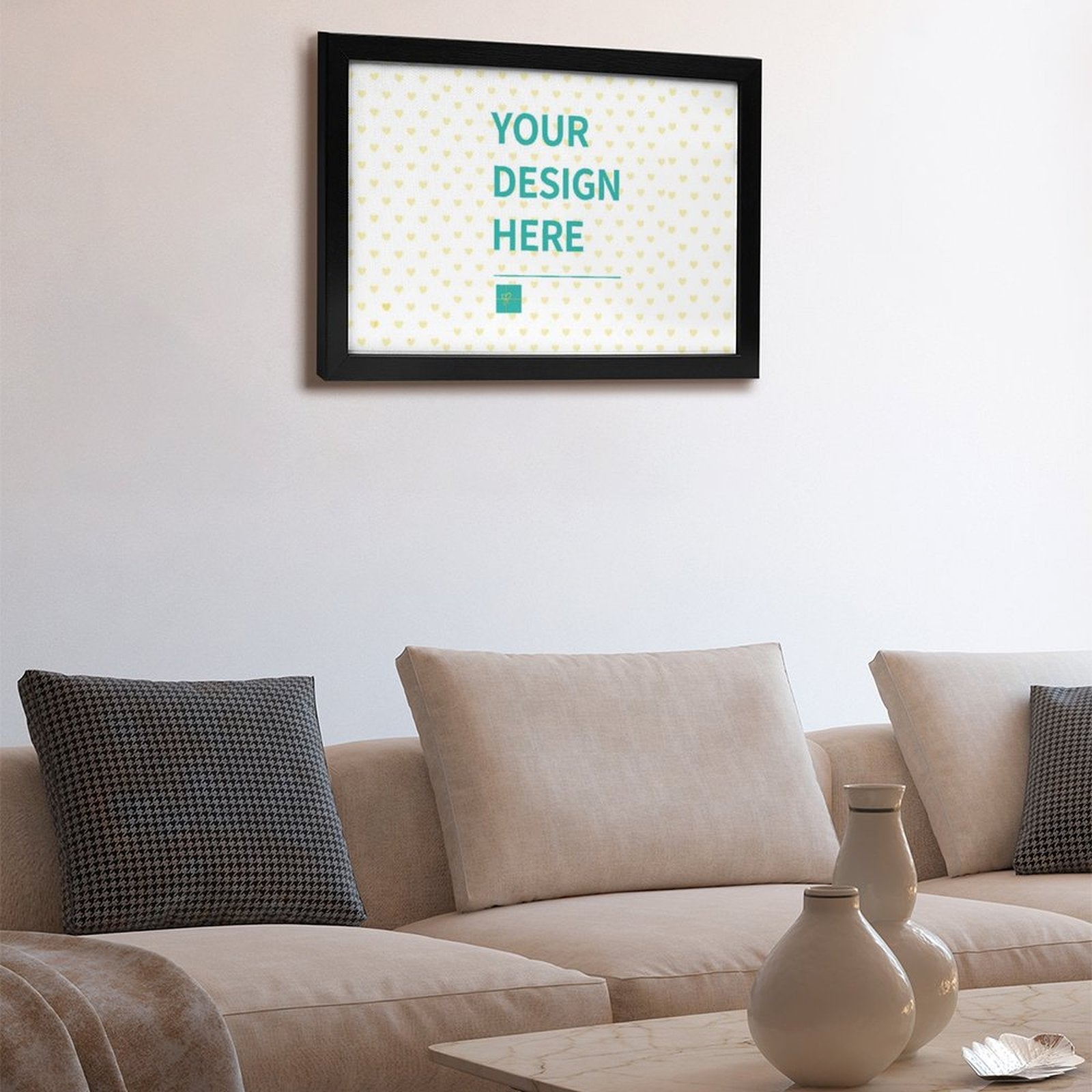 Personalized canvas print with black frame, featuring 'YOUR DESIGN HERE' for custom wall art and gifts from MyArtsyGift.