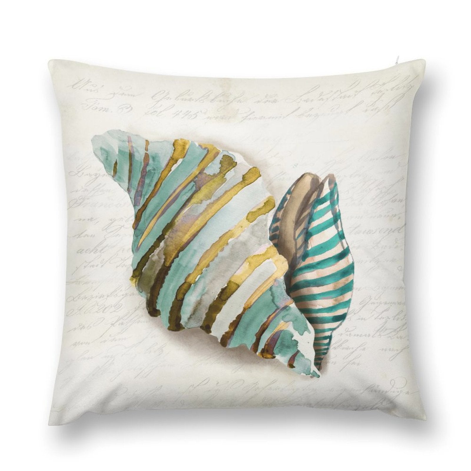 Watercolor seashell pillow cover, teal and gold. Soft, fluffy decorative pillow for sofa and living room.