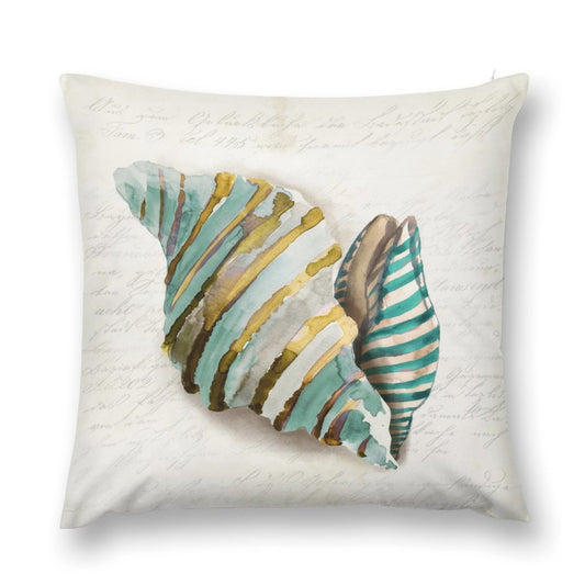 Watercolor seashell pillow cover, teal and gold. Soft, fluffy decorative pillow for sofa and living room.