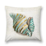 Watercolor seashell pillow cover, teal and gold. Soft, fluffy decorative pillow for sofa and living room.