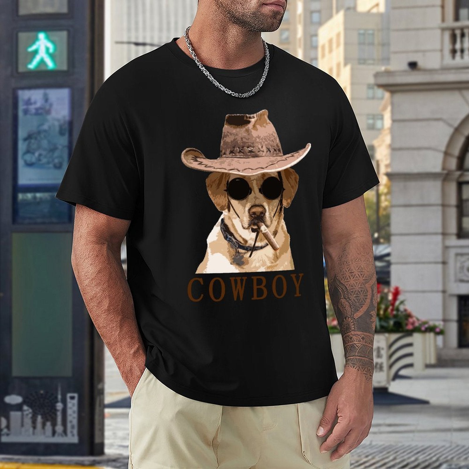 Men's black short sleeve t-shirt with Cowboy dog graphic, classic tee, MyArtsyGift.com