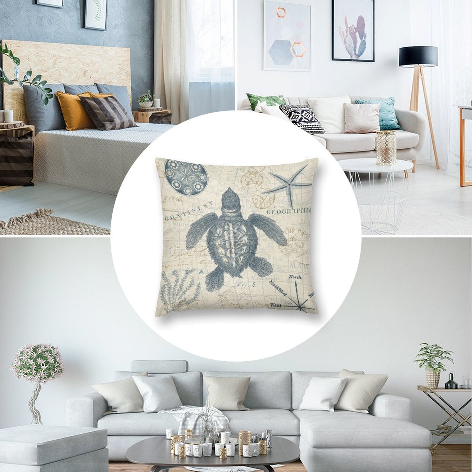 Soft plush pillow cover with vintage turtle map design, perfect for sofa or couch, short plush home decor, MyArtsyGift.