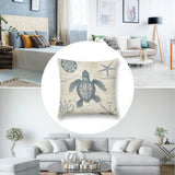 Sea turtle throw pillow cover on sofa, soft short plush material, vintage map design. Decorative pillow for couch or bed.