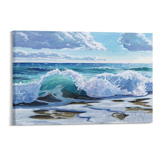 Canvas print of curling wave on shore, watercolor painting. Made in USA, perfect for coastal wall art.