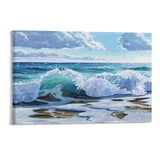 Canvas print of curling wave on shore, watercolor painting. Made in USA, perfect for coastal wall art.