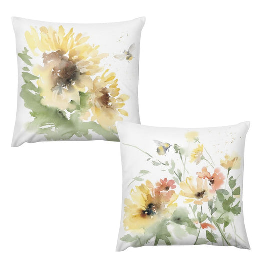 Set of 2 Square Throw Pillow Cover featuring watercolor sunflowers and flowers; perfect for home sofa decor