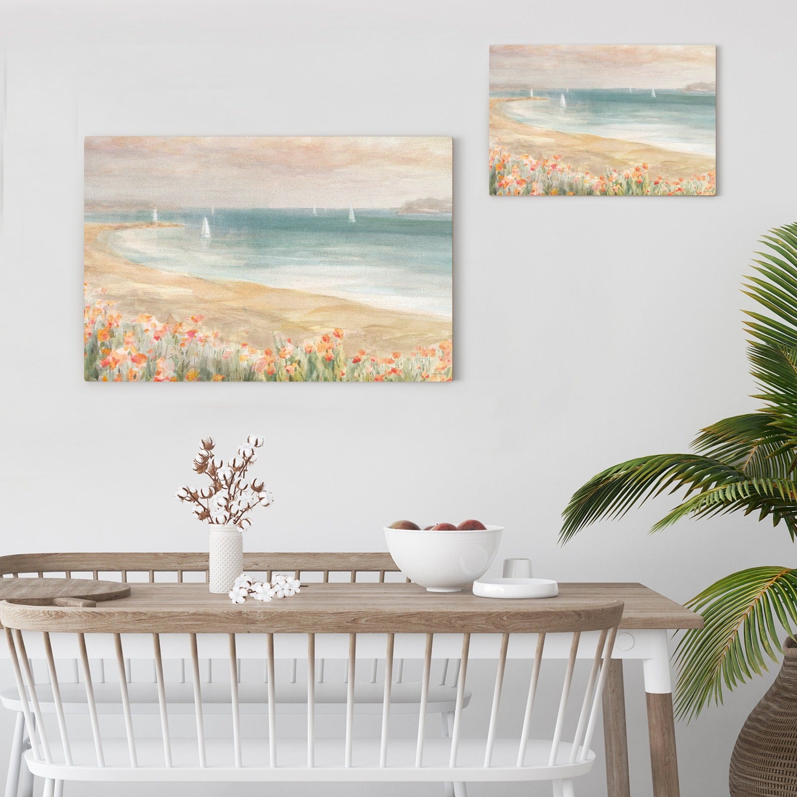 Around the Point III beach canvas print. Coastal art, flowers, and sailboats on canvas. Made in the USA. Home decor.