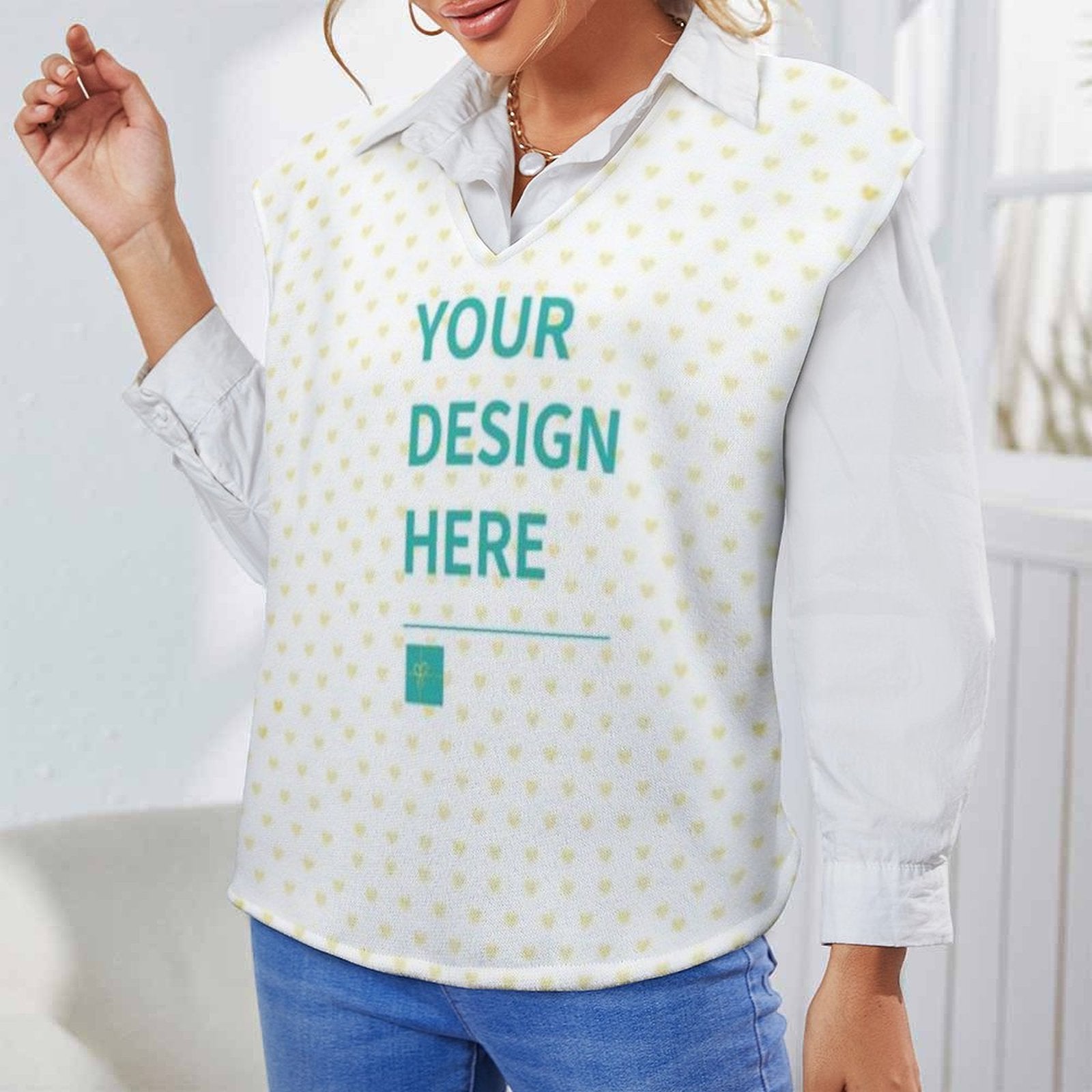 Customizable women's sweater vest with V-neck design, featuring "YOUR DESIGN HERE". Perfect fall outfit.