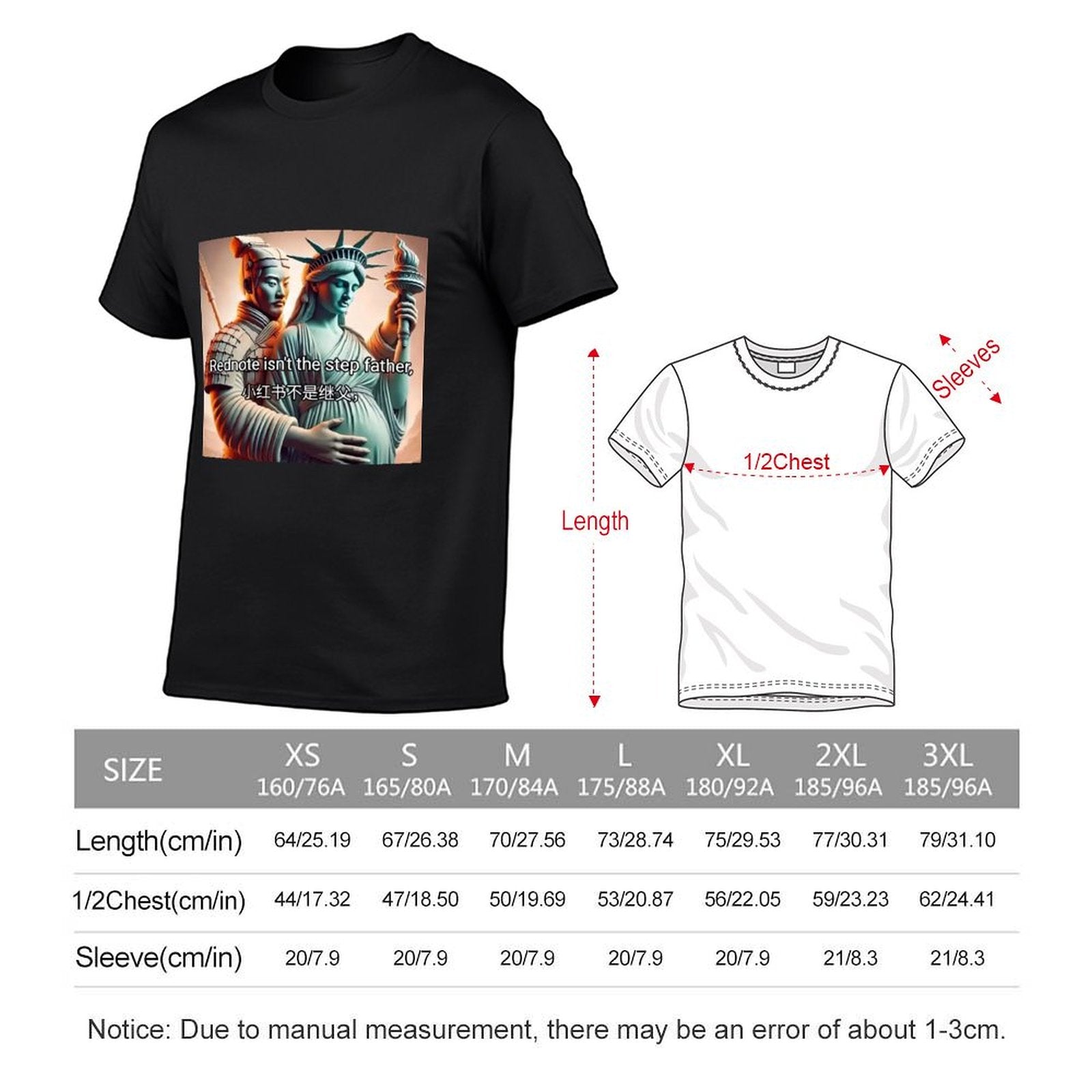 Unisex black cotton t-shirt, Rednote meme design with Statue of Liberty, size chart.