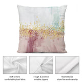 Abstract art plush throw pillow cover in pink, gold, and blue. Soft, comfortable, with invisible zipper and fine workmanship.