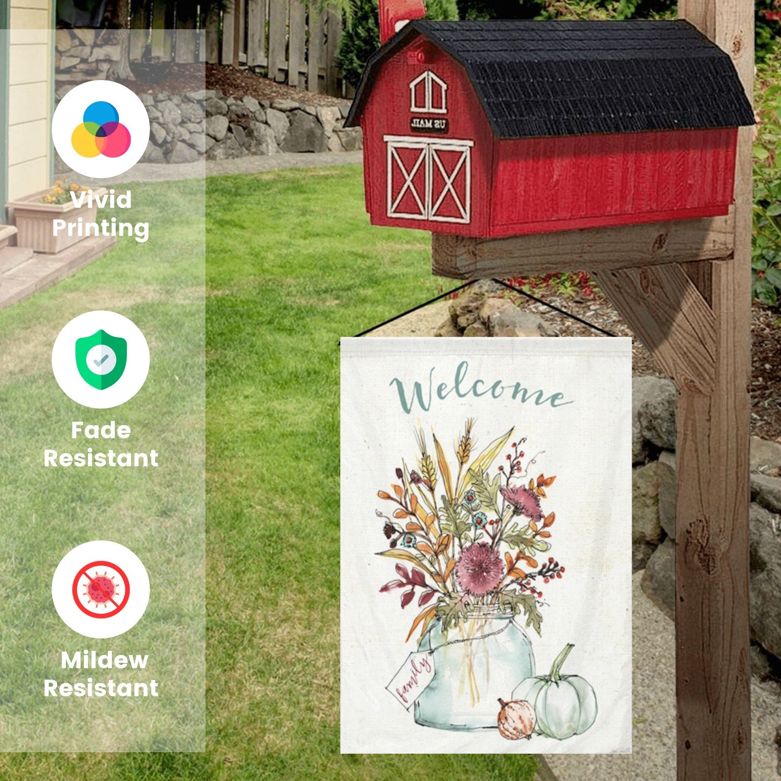 Double-sided Welcome garden flag with floral design and pumpkins for yard decor, USA made, farmhouse style.