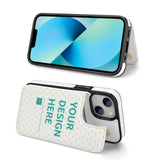 Custom iPhone 13 wallet case, white PU leather, with 'YOUR DESIGN HERE' personalization, and card slot