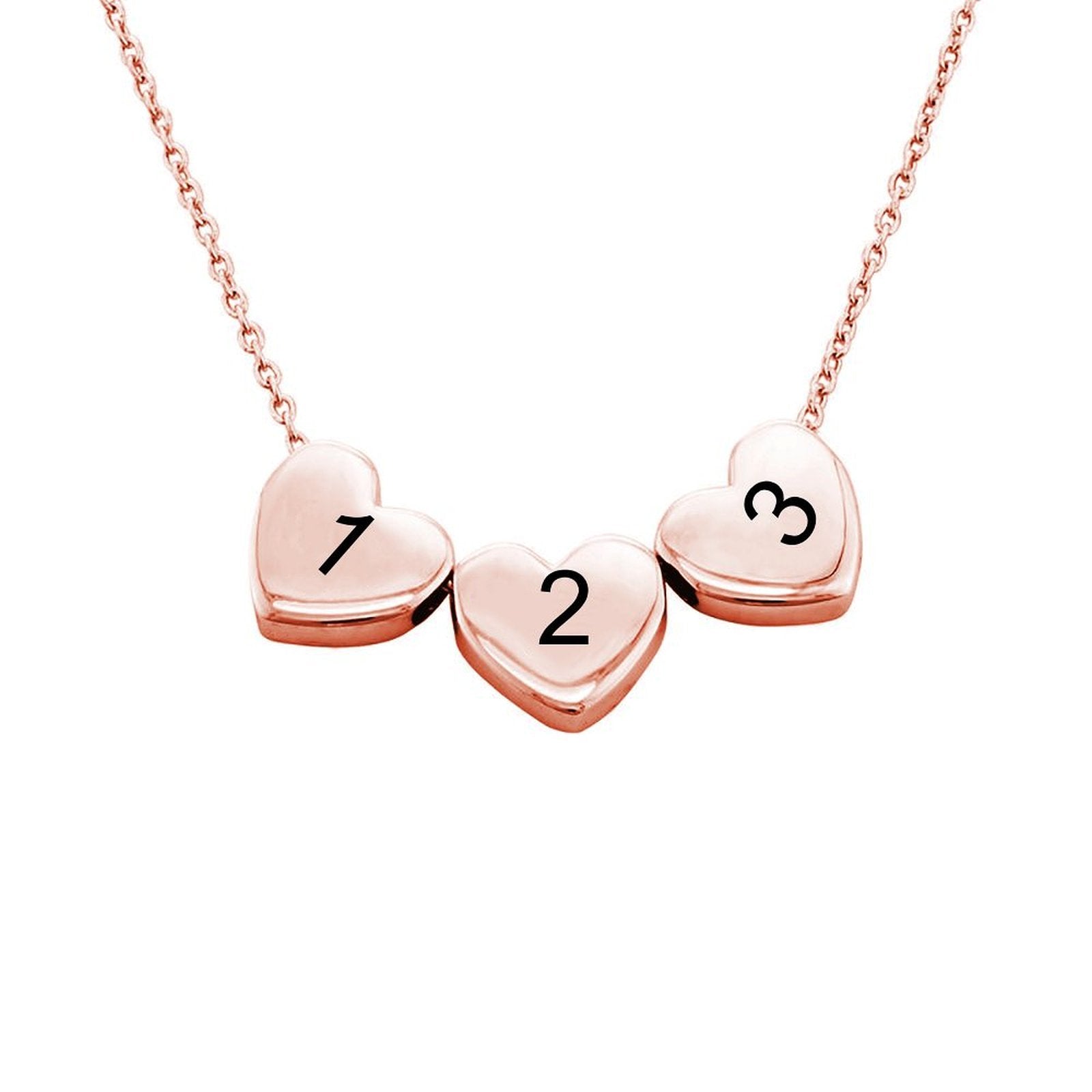Rose gold personalized heart necklace with numbers 1, 2, and 3, a perfect gift for men and women.