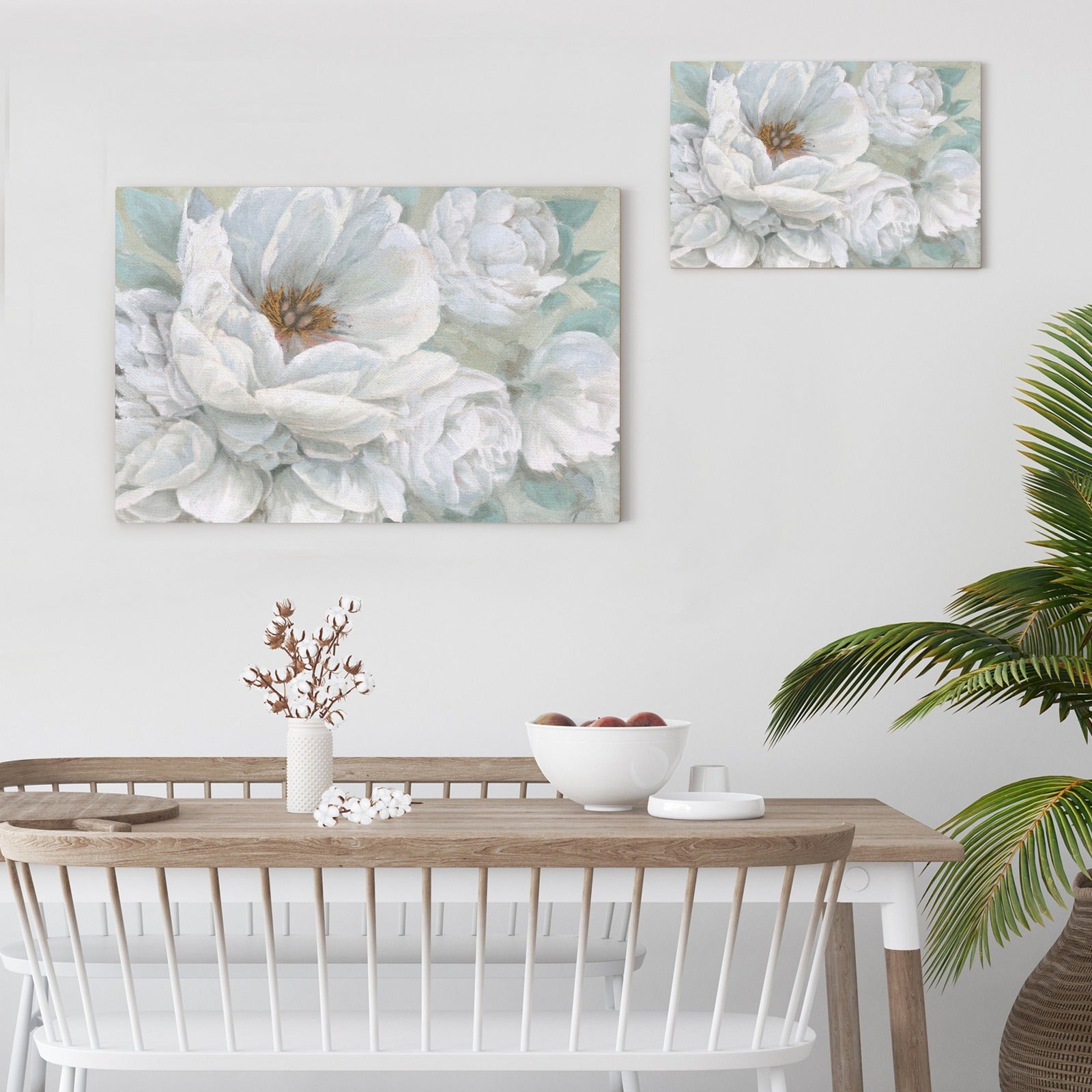 White floral canvas print, USA made, wall decor, perfect for living room or bedroom.