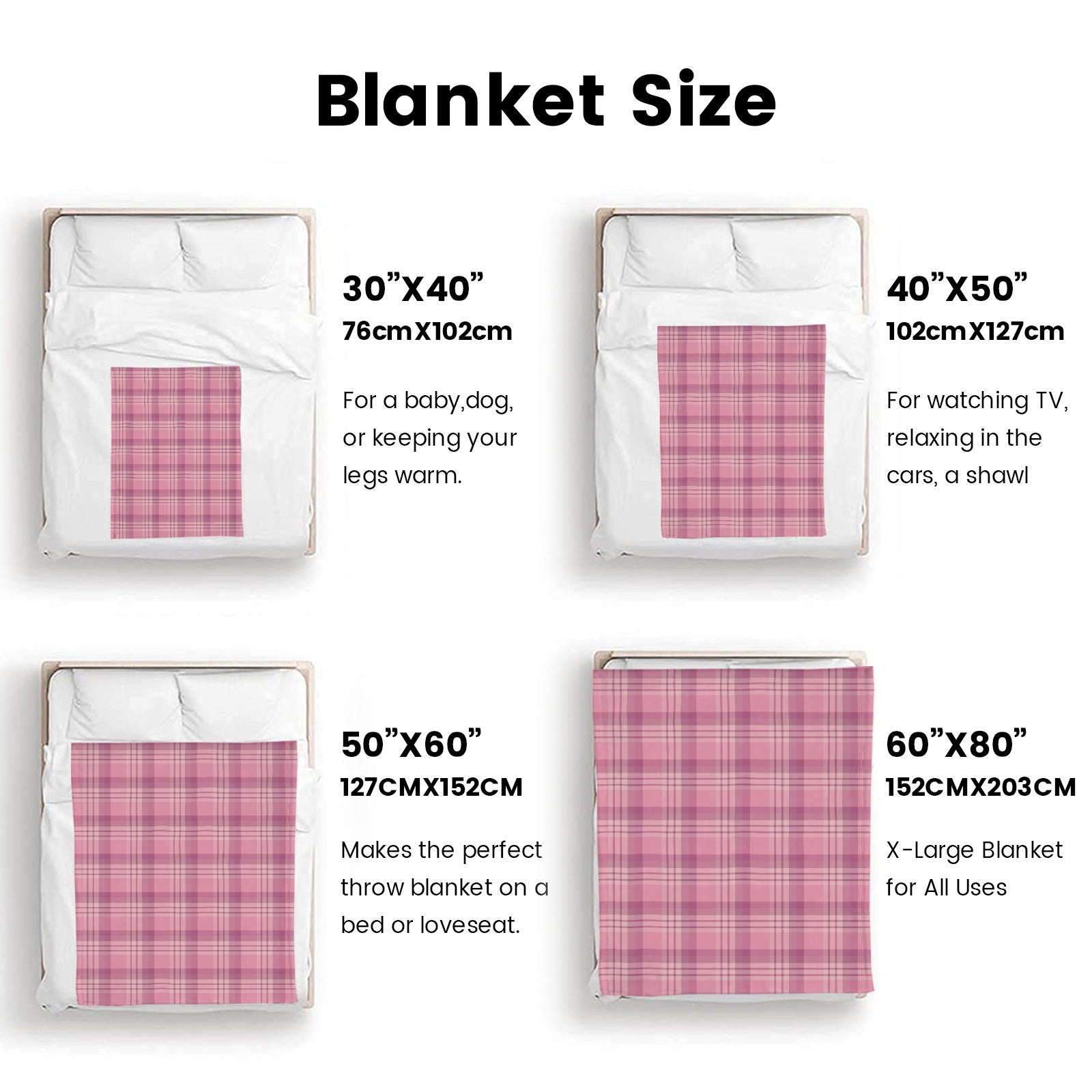 Buffalo plaid blanket size chart, available in pink, perfect for baby, home decor, and all uses.