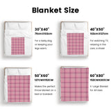 Buffalo plaid blanket size chart, available in pink, perfect for baby, home decor, and all uses.