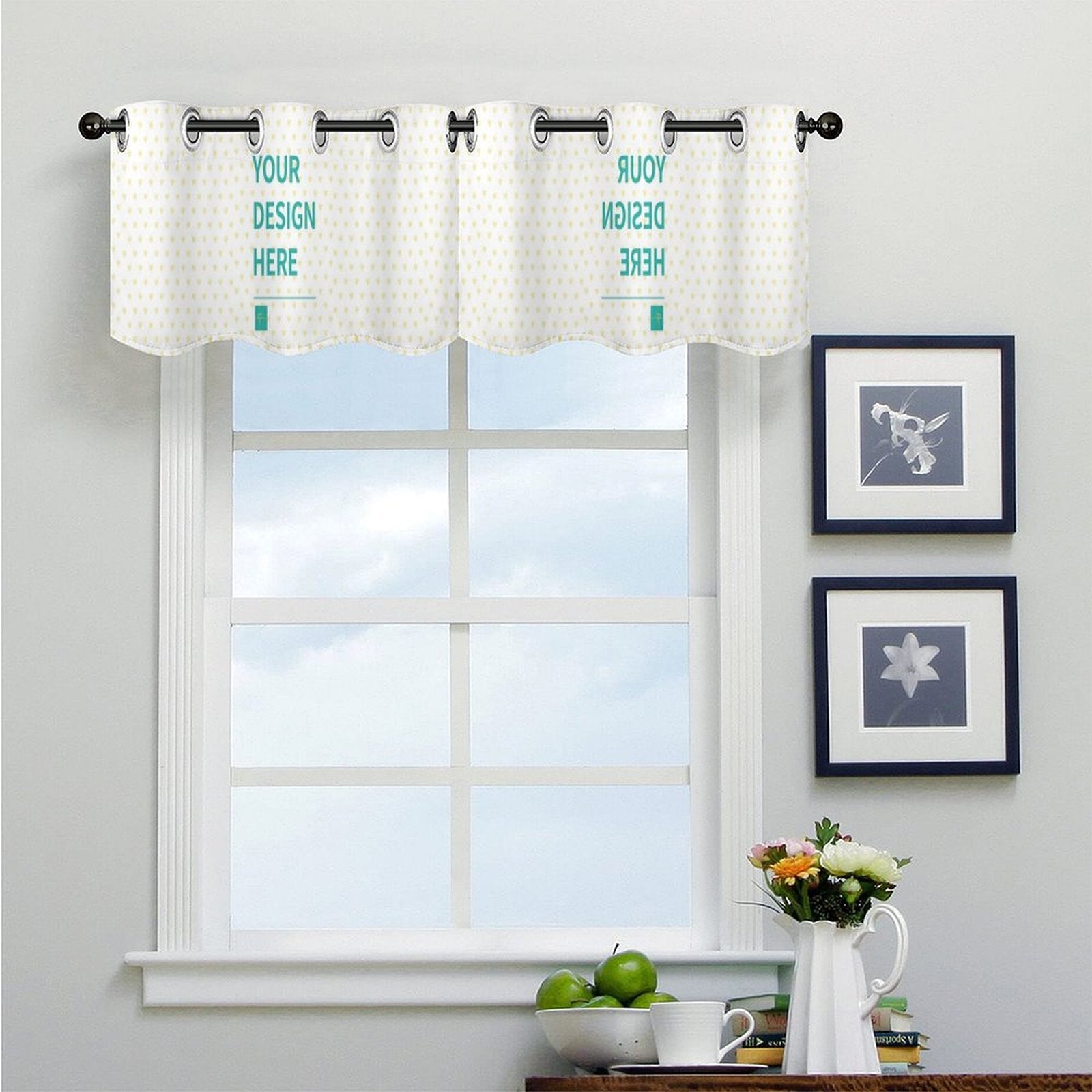 Custom valance curtain with customizable design - 'YOUR DESIGN HERE', perfect for kitchen or dining room windows