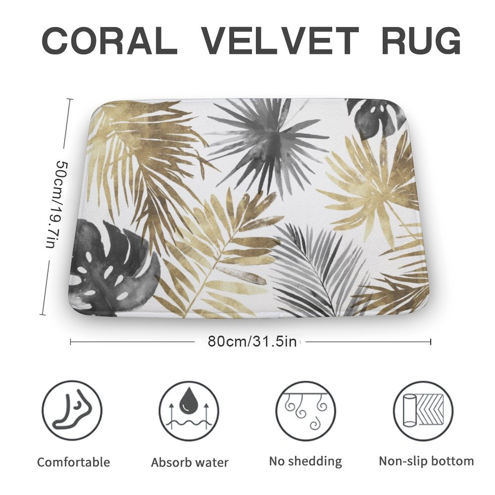 Coral velvet rug with gold, grey palm leaves. Non-slip bathroom floor carpet. Absorbent, comfortable, and durable.