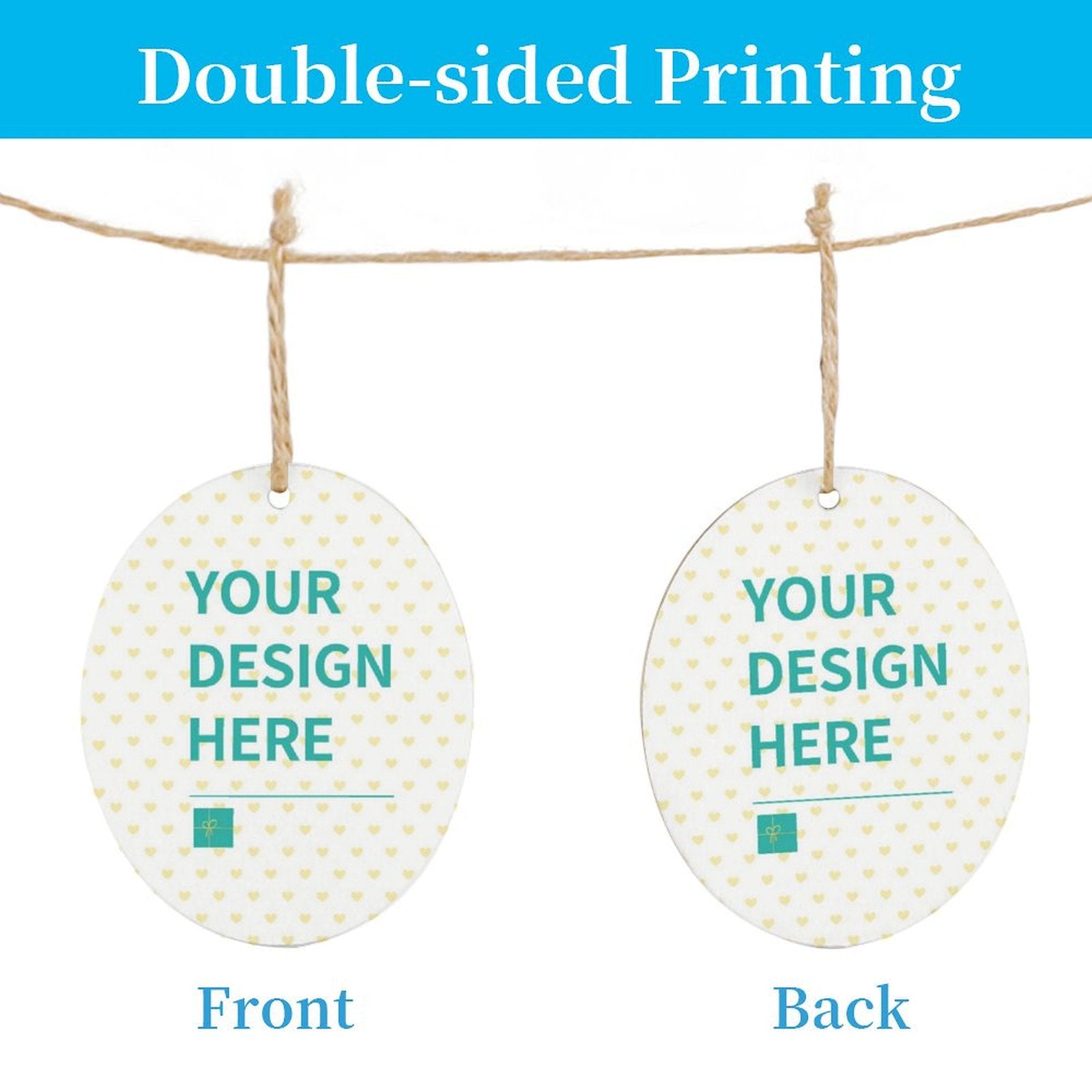 Double-sided custom wooden egg hanging tag with rope, "YOUR DESIGN HERE", perfect for home and party decor.