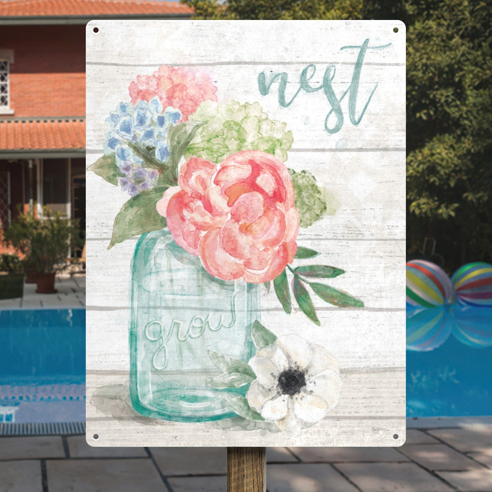 Metal sign with pastel floral design: peonies, hydrangeas, and 'nest grow' text. Perfect for home decor.
