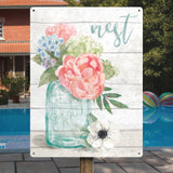 Metal sign with pastel floral design: peonies, hydrangeas, and 'nest grow' text. Perfect for home decor.