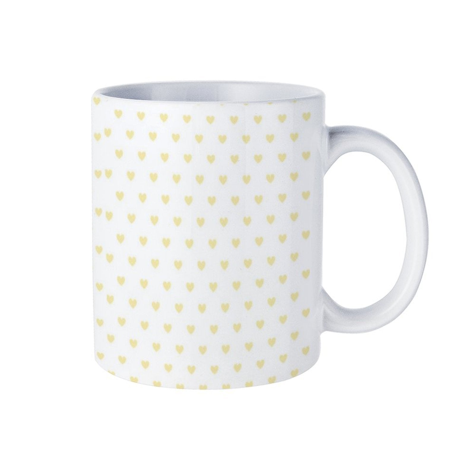 White ceramic mug with yellow heart pattern. Personalized gift, perfect for expressing love.