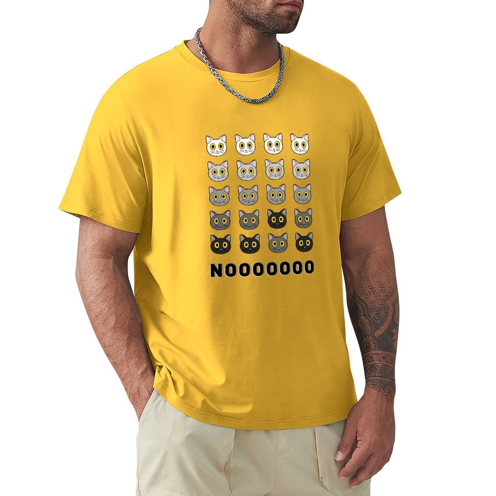Yellow men's short sleeve t-shirt with repeating cat faces and NOOOOOOO text, MyArtsyGift cotton tee.