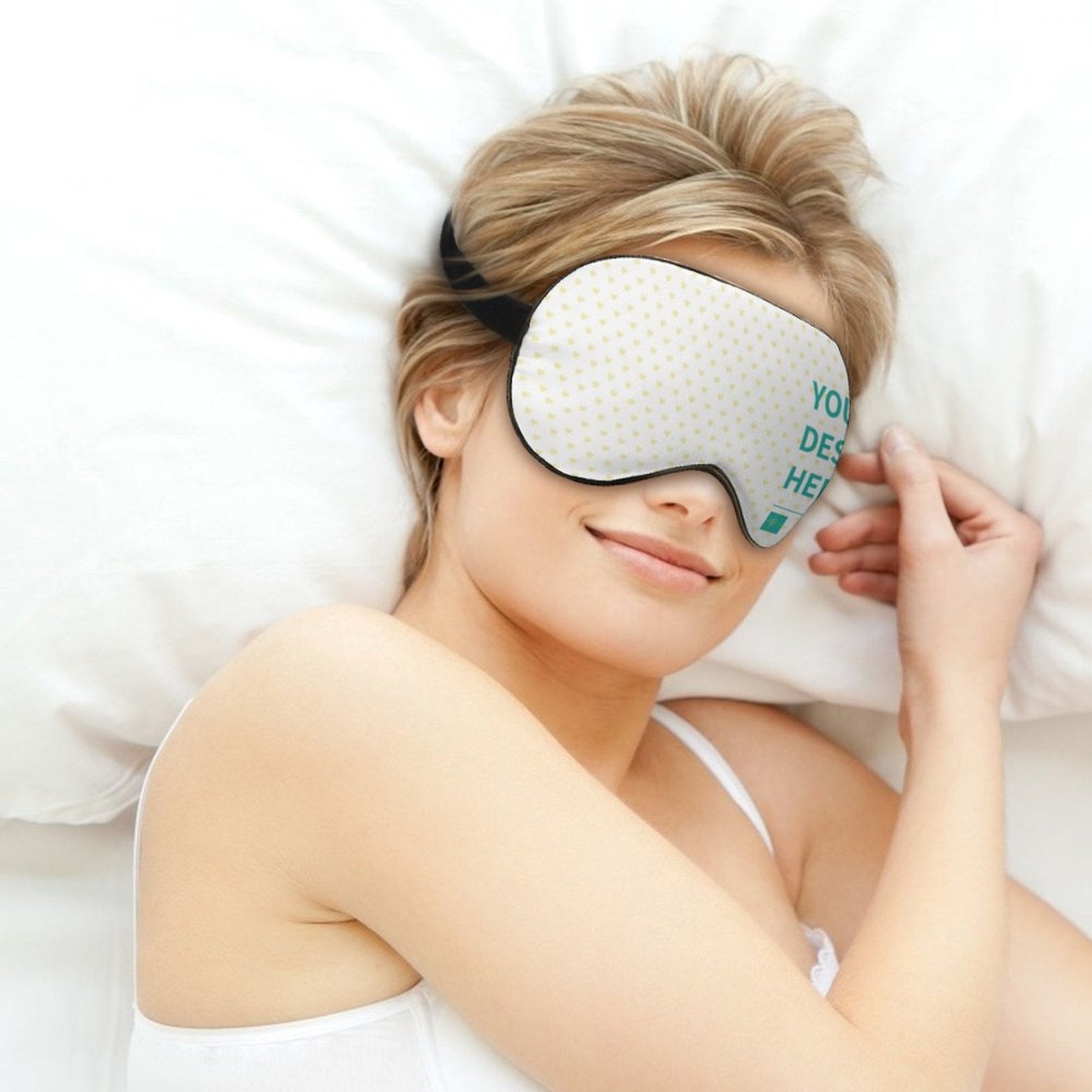 Custom eye mask with "YOUR DESIGN HERE" print for sleep, adjustable strap, polyester material.