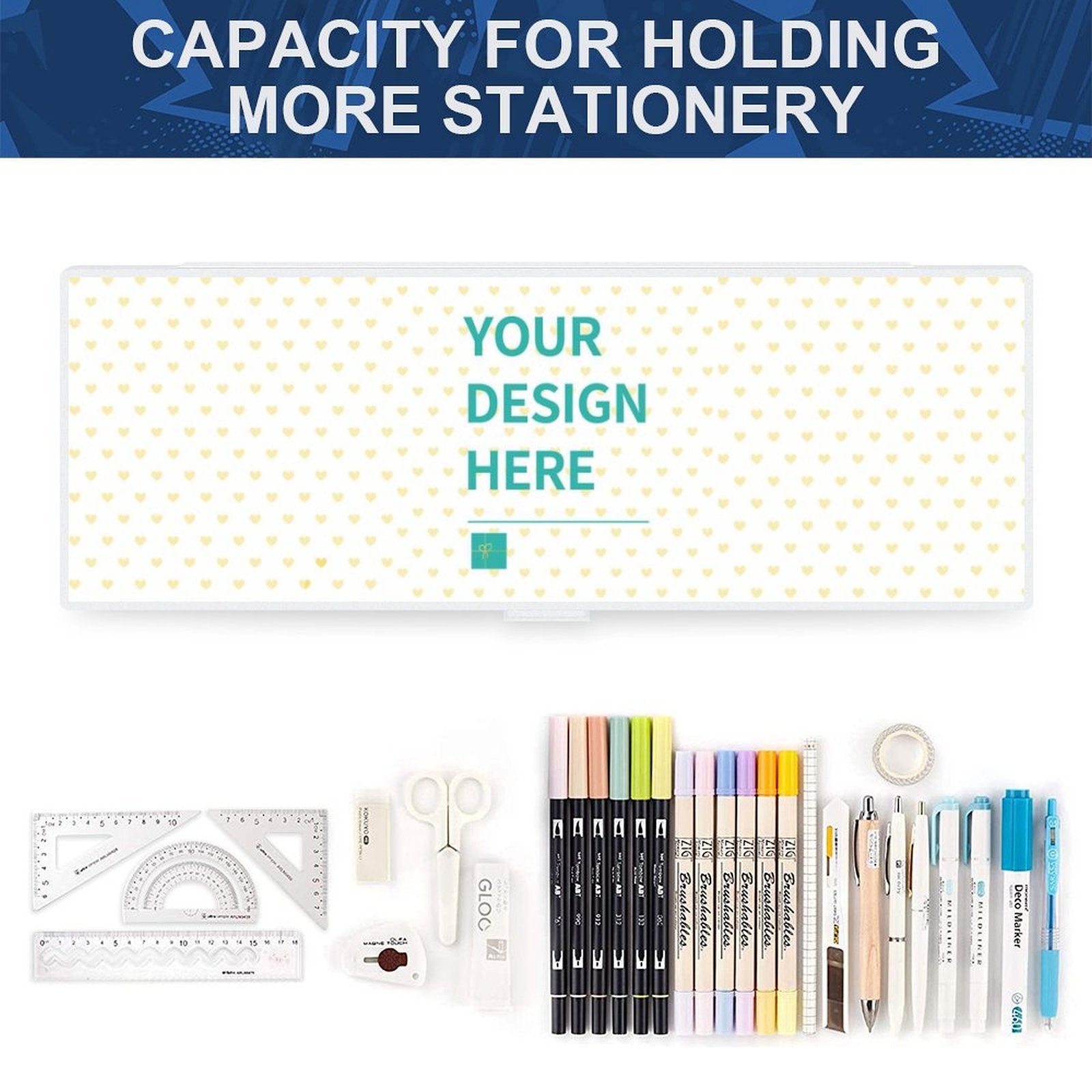 Custom transparent pencil case with "YOUR DESIGN HERE", filled with stationery; perfect for school or office.