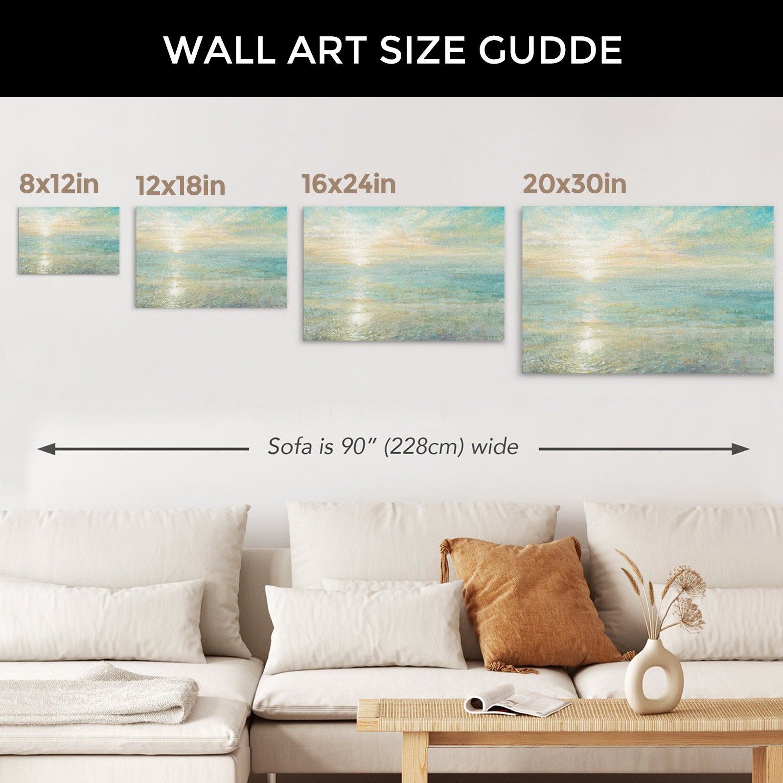 Sunrise canvas art size guide, showcasing sizes 8x12in, 12x18in, 16x24in, and 20x30in above a sofa, wall decor.