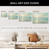Sunrise canvas art size guide, showcasing sizes 8x12in, 12x18in, 16x24in, and 20x30in above a sofa, wall decor.
