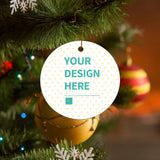 Personalized round ceramic Christmas ornament with 'YOUR DESIGN HERE' text, custom photo gift for Christmas.