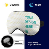 Customizable eye mask with "YOUR DESIGN HERE" for personalized sleep, good ventilation and light blocking.