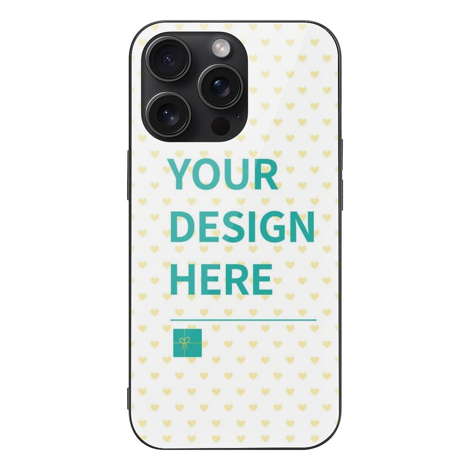 Customizable iPhone 15 series case with 'Your Design Here' text and heart pattern. Glass+TPU material.