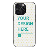 Customizable iPhone 15 series case with 'Your Design Here' text and heart pattern. Glass+TPU material.