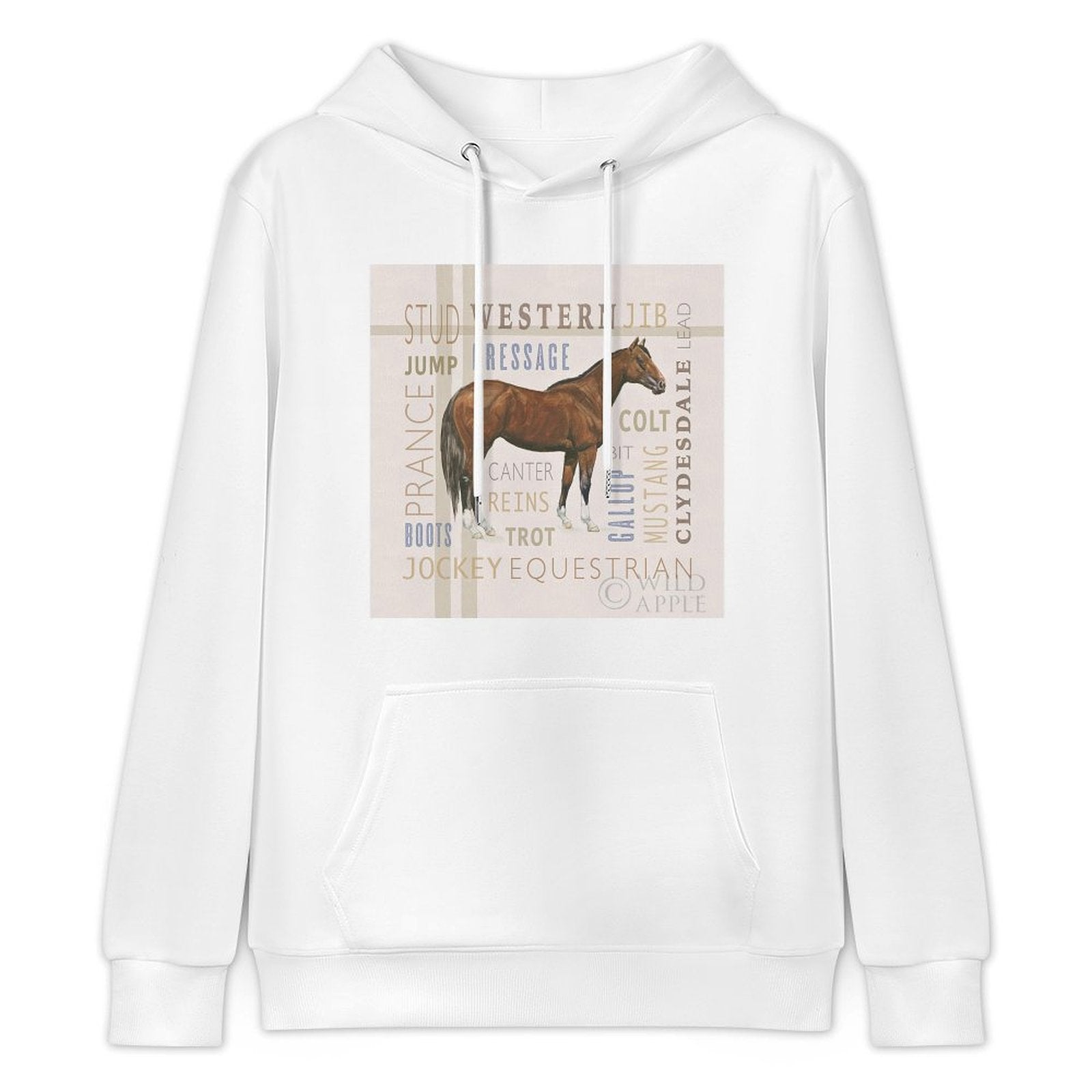 Men's white equestrian sweatshirt with horse graphic and equestrian terms. Comfortable and stylish.