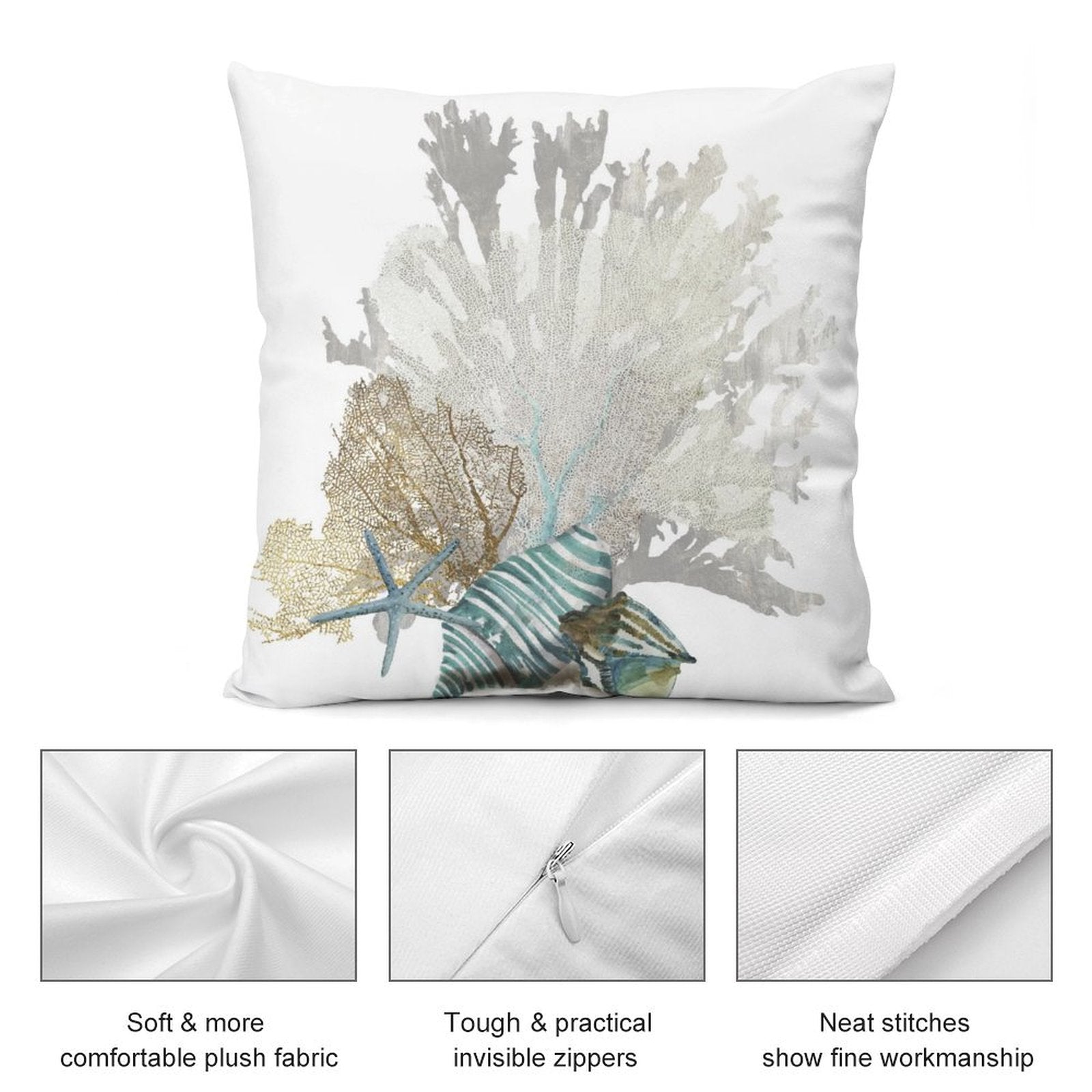 Coastal throw pillow cover with coral, starfish, and shell design. Soft plush fabric, invisible zipper, and neat stitching.