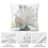 Coastal throw pillow cover with seashell, starfish, and coral design; soft plush fabric, invisible zipper.