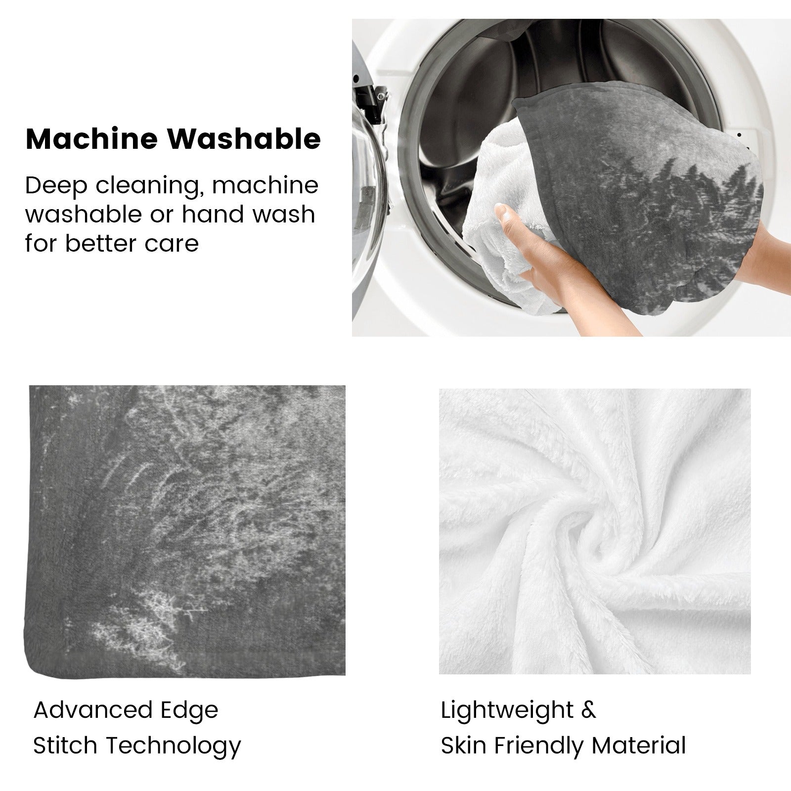 Black and white forest flannel blanket, machine washable, featuring advanced stitch and soft material.