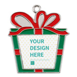 Personalized alloy Christmas ornament with 'YOUR DESIGN HERE' text, red bow, and green details for Xmas tree decoration