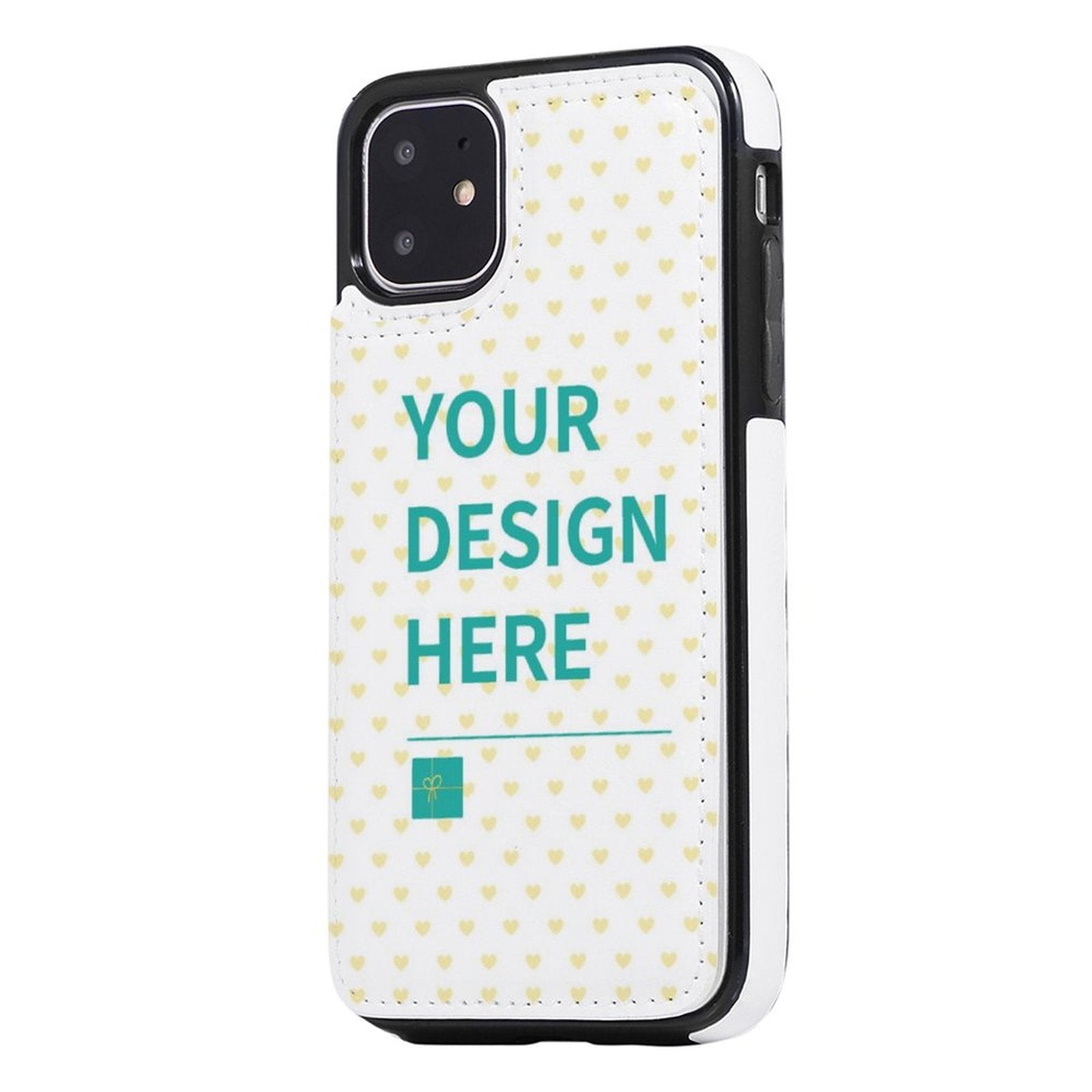 Custom iPhone 11 wallet case with 'YOUR DESIGN HERE' design, PU leather with heart pattern, MyArtsyGift