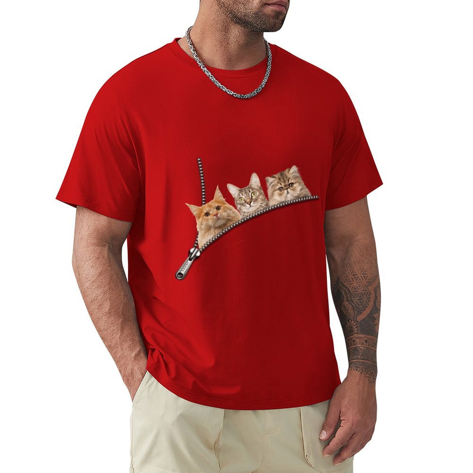Red men's t-shirt with cat zipper pocket design. Classic crew neck tee for cat lovers, pure cotton fabric.