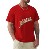 Red Men's short sleeve t-shirt with playful three cat zipper pocket design, pure cotton.