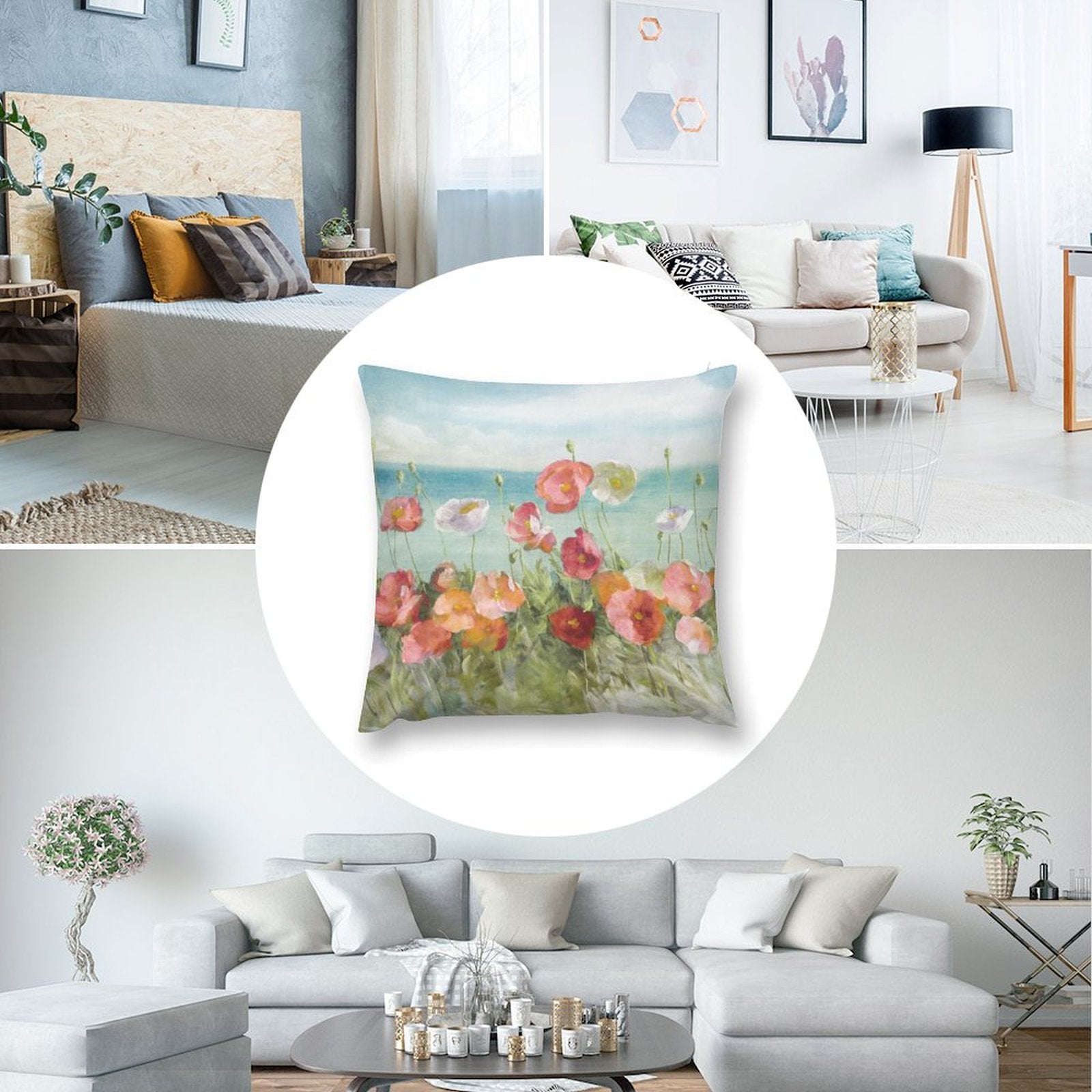 Poppy floral plush pillow cover displayed in a living room setting, decorative and soft.
