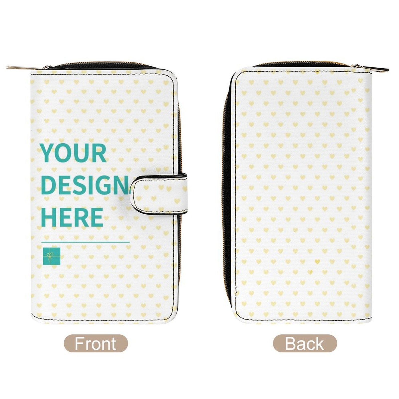 Personalized PU leather wallet with "YOUR DESIGN HERE" text, perfect for a custom gift from MyArtsyGift.