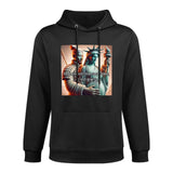 Black hooded sweatshirt featuring a meme with Statue of Liberty and a warrior, Rednote isn't the stepfather.