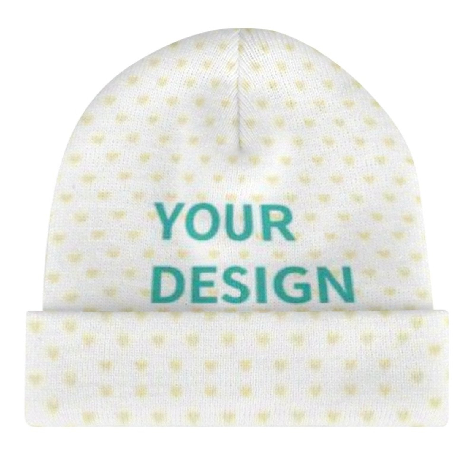 Customizable baby beanie hat in white with heart pattern and 'YOUR DESIGN' text, made of polyester, perfect gift